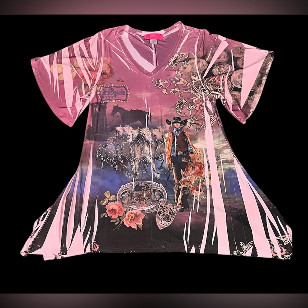 Women’s L/XL Embezzled Cowgirl Rose Tunic Top By‎ Fantazia.
